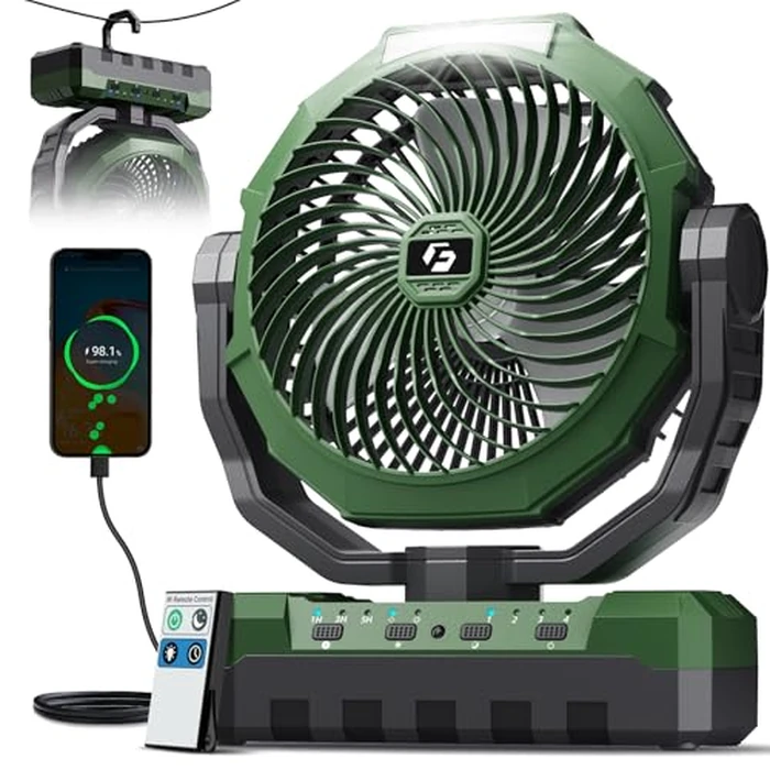 FRIZCOL 3-in-1 Camping Fan - Portable Fans Rechargeable - 24000mAh Battery Powered Fan with Light & Remote for Indoor, Outdoor, Tent, Travel, Fishing, Jobsite, Gifts for Men Dad Him - Green by FRIZCOL - Used - Like New condition - US$27.57