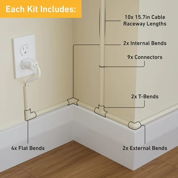 D-Line 157in Cord Hider Kit, Patented Cable Cover, Hide Wires on Wall, Channel for TV Mount Cords, Raceway Wire Hiders, Paintable, Adhesive, Half Round, 10x 0.78in W x 0.39in H x 15.7in L, Beige by D-Line - Image 2