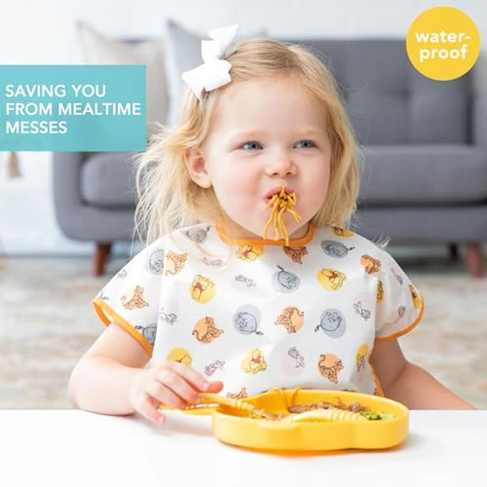 Bumkins Disney Short Sleeve Bib for Girl or Boy, Toddler and Kids for 1-3 Years, Large Size, Essential Must Have for Junior Children, Eating, Mess Saving Soft Fabric Play Apron, Winnie and Friends by Bumkins - Image 2