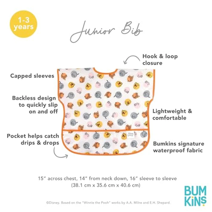 Bumkins Disney Short Sleeve Bib for Girl or Boy, Toddler and Kids for 1-3 Years, Large Size, Essential Must Have for Junior Children, Eating, Mess Saving Soft Fabric Play Apron, Winnie and Friends by Bumkins - Image 5