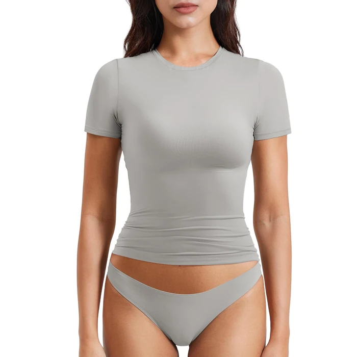 YEOREO Women Fitted Workout Tops Short Sleeve Double Lined Basic Y2K Going Out Crew Neck Compression Crop Top Grey M by YEOREO - Used - Like New condition - US$17.19