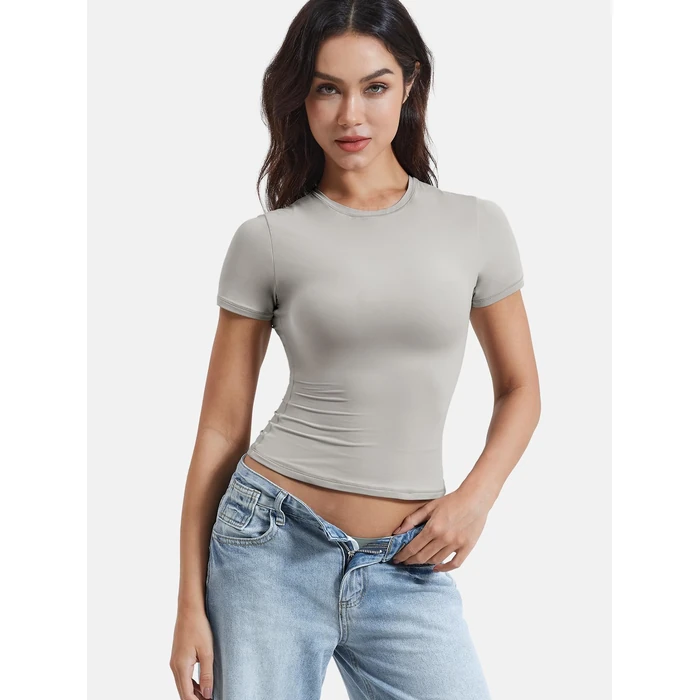 YEOREO Women Fitted Workout Tops Short Sleeve Double Lined Basic Y2K Going Out Crew Neck Compression Crop Top Grey M by YEOREO - Image 3