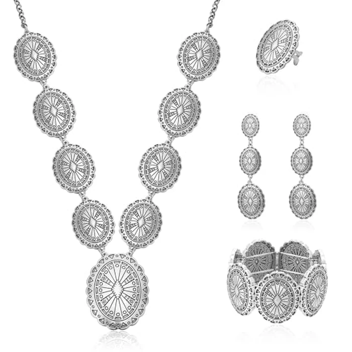 JMScape 4 PCS Western Turquoise Jewelry for Women Boho Vintage Navajo Pearl Necklace Earring Bracelet Ring Set Country Cowgirl Accessories for Gift (S-Silver) by JMScape - Image 1