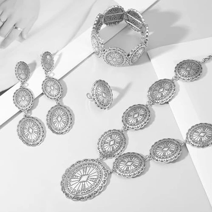 JMScape 4 PCS Western Turquoise Jewelry for Women Boho Vintage Navajo Pearl Necklace Earring Bracelet Ring Set Country Cowgirl Accessories for Gift (S-Silver) by JMScape - Image 3