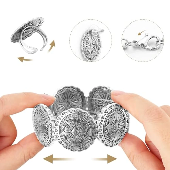 JMScape 4 PCS Western Turquoise Jewelry for Women Boho Vintage Navajo Pearl Necklace Earring Bracelet Ring Set Country Cowgirl Accessories for Gift (S-Silver) by JMScape - Image 4