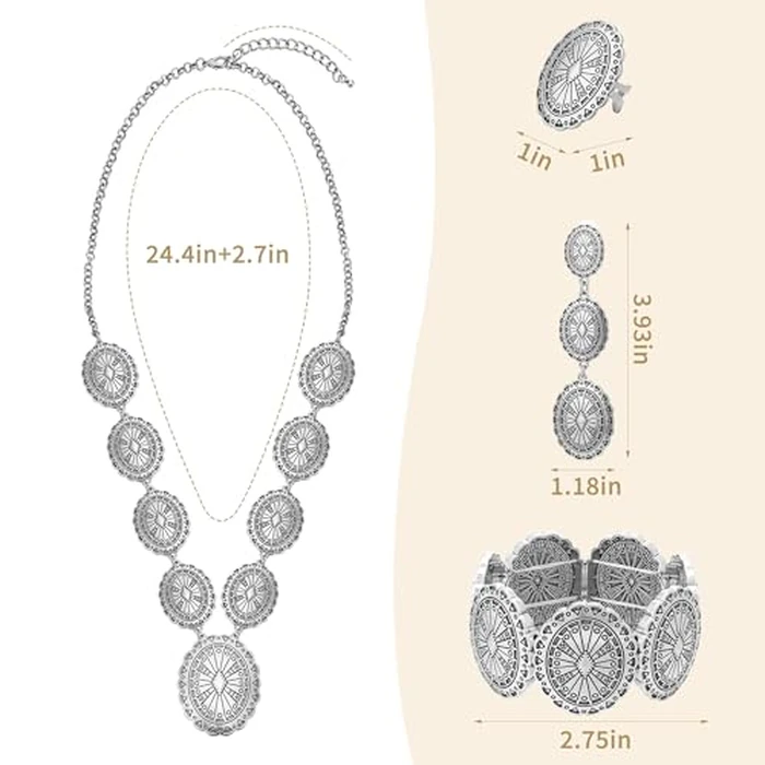 JMScape 4 PCS Western Turquoise Jewelry for Women Boho Vintage Navajo Pearl Necklace Earring Bracelet Ring Set Country Cowgirl Accessories for Gift (S-Silver) by JMScape - Image 5