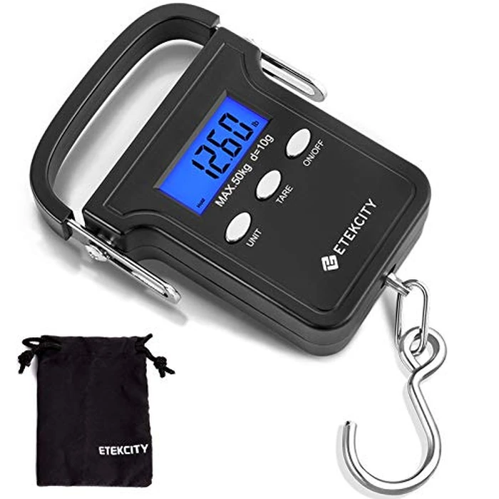 Etekcity Fishing Scale with Backlit LCD Display, 110lb/50kg Digital Electronic Hanging Hook Scale with Batteries and Carry Pouch Included, Black, Non-Slip Handle by Etekcity - Used - Very Good condition - US$11.72
