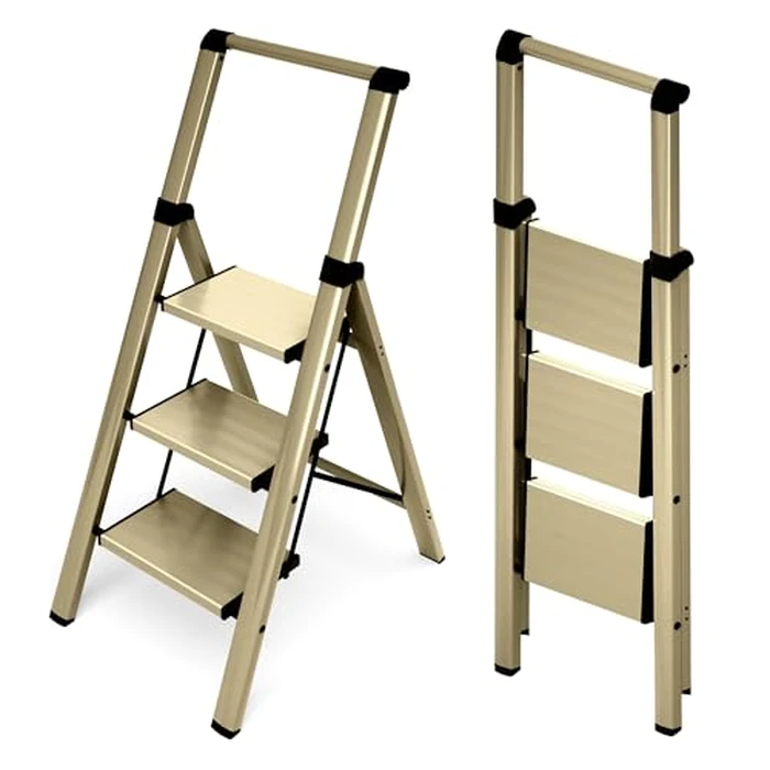 HillhutApex 3 Step Foldable Aluminum Step Ladder with Handgrip, Anti-Slip Pedal, 330 lbs Capacity, Lightweight & Portable for Home, Kitchen, Office, Garage (Gold) by HillhutApex - Used - Very Good condition - US$59.21