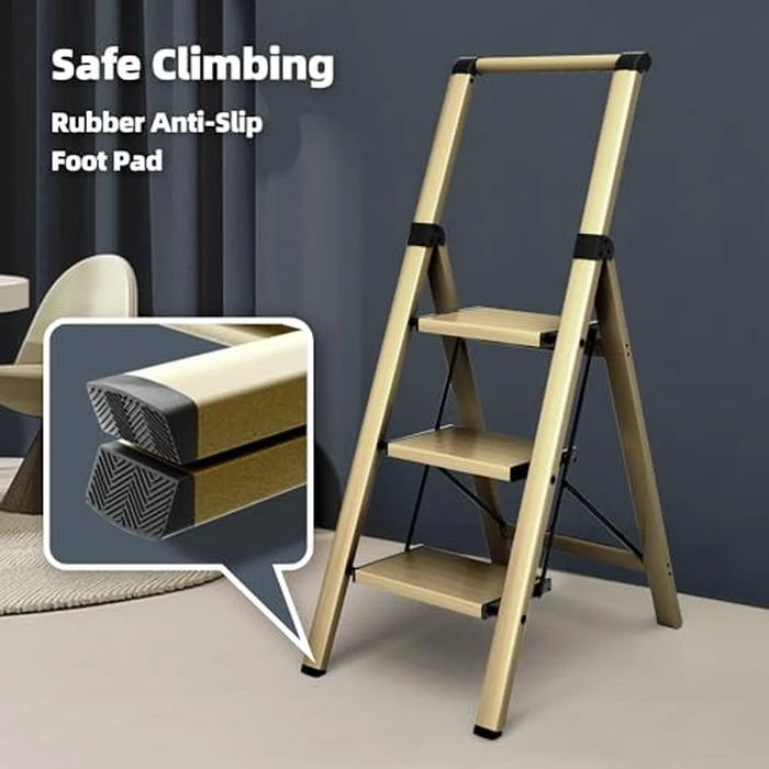 HillhutApex 3 Step Foldable Aluminum Step Ladder with Handgrip, Anti-Slip Pedal, 330 lbs Capacity, Lightweight & Portable for Home, Kitchen, Office, Garage (Gold) by HillhutApex - Image 2