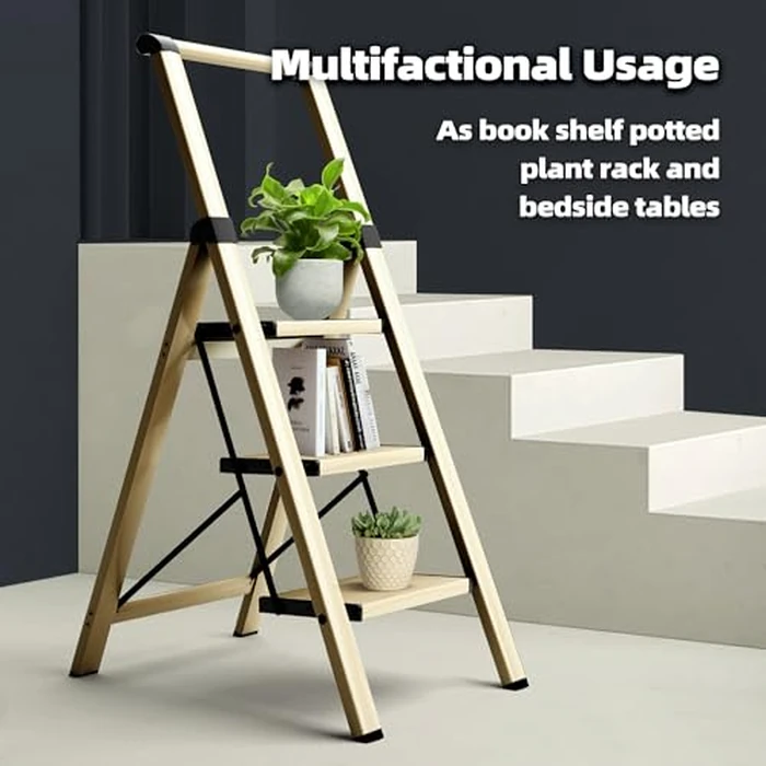 HillhutApex 3 Step Foldable Aluminum Step Ladder with Handgrip, Anti-Slip Pedal, 330 lbs Capacity, Lightweight & Portable for Home, Kitchen, Office, Garage (Gold) by HillhutApex - Image 4