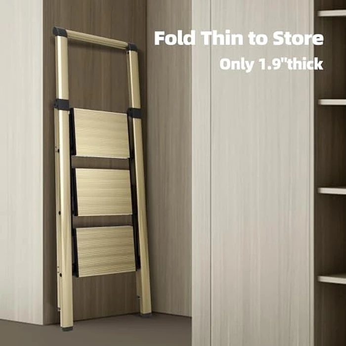 HillhutApex 3 Step Foldable Aluminum Step Ladder with Handgrip, Anti-Slip Pedal, 330 lbs Capacity, Lightweight & Portable for Home, Kitchen, Office, Garage (Gold) by HillhutApex - Image 5