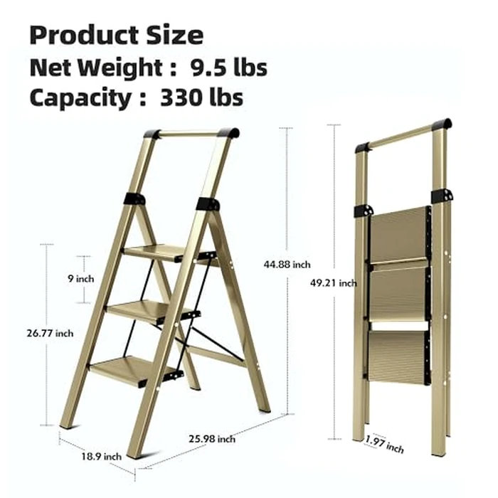 HillhutApex 3 Step Foldable Aluminum Step Ladder with Handgrip, Anti-Slip Pedal, 330 lbs Capacity, Lightweight & Portable for Home, Kitchen, Office, Garage (Gold) by HillhutApex - Image 7
