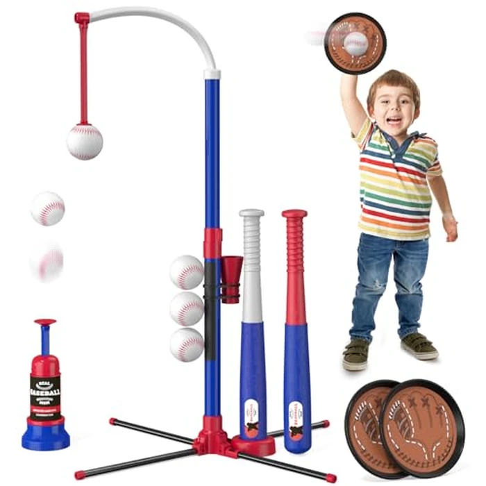 HYES 4 in 1 T Ball Sets for Kids 3-5 with Toss and Catch Ball Set, Hanging Tee Stand with Auto Pitching Machine/ 2 Bats, Indoor Outdoor Toys Birthday Baseball Gifts for Toddler Boys Girls, Blue by HYES - Image 1