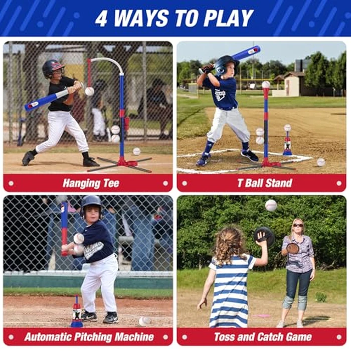 HYES 4 in 1 T Ball Sets for Kids 3-5 with Toss and Catch Ball Set, Hanging Tee Stand with Auto Pitching Machine/ 2 Bats, Indoor Outdoor Toys Birthday Baseball Gifts for Toddler Boys Girls, Blue by HYES - Image 2