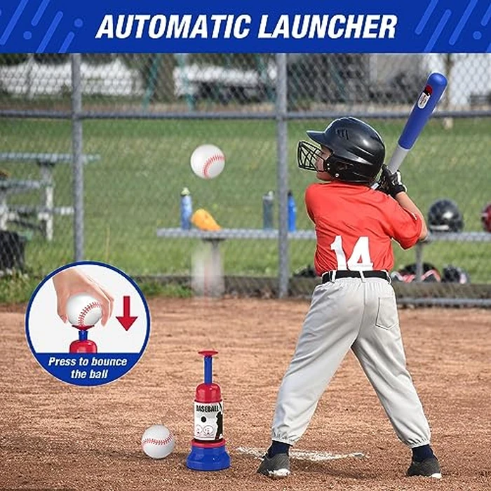 HYES 4 in 1 T Ball Sets for Kids 3-5 with Toss and Catch Ball Set, Hanging Tee Stand with Auto Pitching Machine/ 2 Bats, Indoor Outdoor Toys Birthday Baseball Gifts for Toddler Boys Girls, Blue by HYES - Image 5