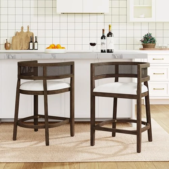 Christopher Knight Home Maida Wooden Counter Stool Set of 2, Kitchen Counter Height Bar Stool, Cocktail Stool with Rattan Round Backrest, Fabric Upholstered Chair for Bar Table, Beige+Walnut by Christopher Knight Home - Image 1