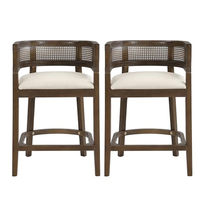Christopher Knight Home Maida Wooden Counter Stool Set of 2, Kitchen Counter Height Bar Stool, Cocktail Stool with Rattan Round Backrest, Fabric Upholstered Chair for Bar Table, Beige+Walnut by Christopher Knight Home - Image 2