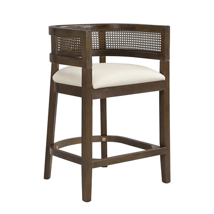 Christopher Knight Home Maida Wooden Counter Stool Set of 2, Kitchen Counter Height Bar Stool, Cocktail Stool with Rattan Round Backrest, Fabric Upholstered Chair for Bar Table, Beige+Walnut by Christopher Knight Home - Image 4