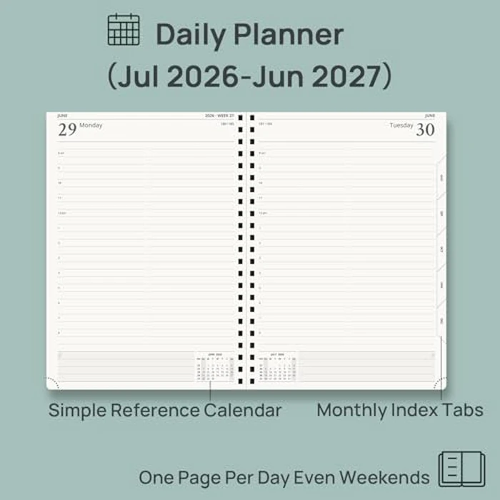 POPRUN 2026-2027 Daily Planner One Page Per Day, Large Size 8.5" x 12", Daily Calendar Book with July 2026 to June 2027, Academic Hardcover Appointment Book with Hourly Time Slots, Spiral Bound, Monthly Tabs - Black by POPRUN - Image 3