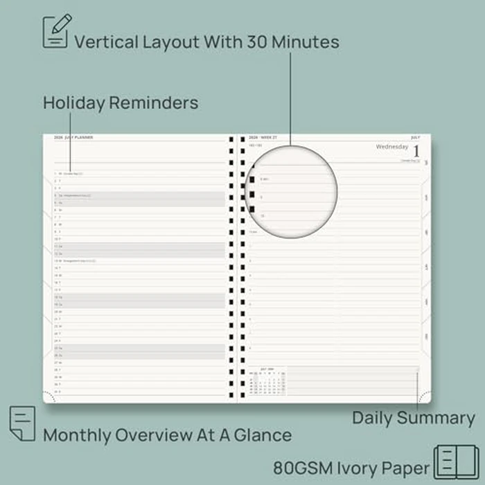 POPRUN 2026-2027 Daily Planner One Page Per Day, Large Size 8.5" x 12", Daily Calendar Book with July 2026 to June 2027, Academic Hardcover Appointment Book with Hourly Time Slots, Spiral Bound, Monthly Tabs - Black by POPRUN - Image 4