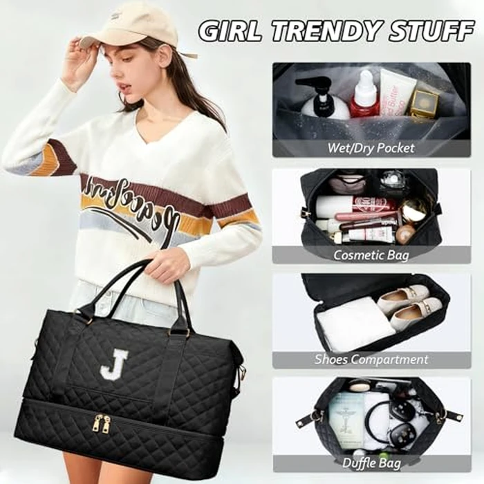 CLOUDWINGS Gifts for Women Girls Initial Travel Duffle Bag Quilted Weekender Carry-On Overnight with Cosmetic Bag, Gym Bag with Shoe Compartment Hospital Bag for Labor Delivery, Black J by CLOUDWINGS - Image 5