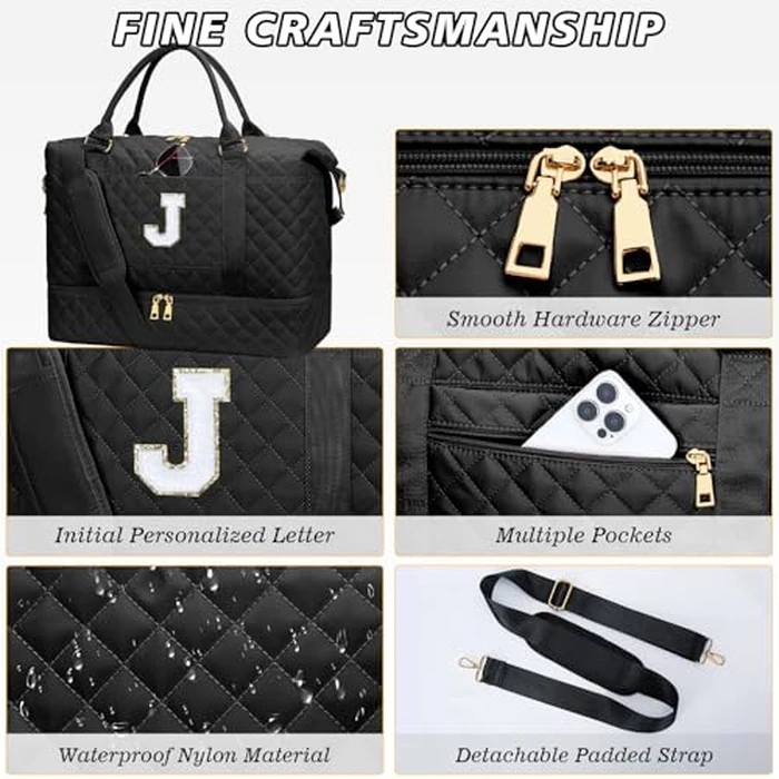 CLOUDWINGS Gifts for Women Girls Initial Travel Duffle Bag Quilted Weekender Carry-On Overnight with Cosmetic Bag, Gym Bag with Shoe Compartment Hospital Bag for Labor Delivery, Black J by CLOUDWINGS - Image 6