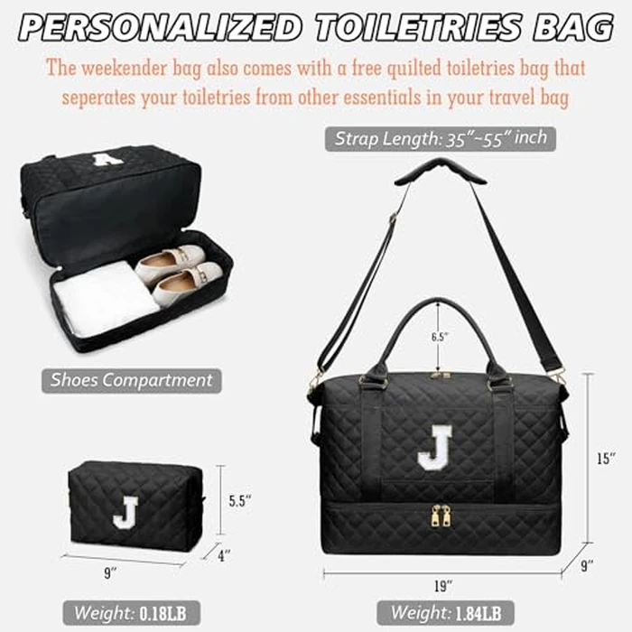 CLOUDWINGS Gifts for Women Girls Initial Travel Duffle Bag Quilted Weekender Carry-On Overnight with Cosmetic Bag, Gym Bag with Shoe Compartment Hospital Bag for Labor Delivery, Black J by CLOUDWINGS - Image 7
