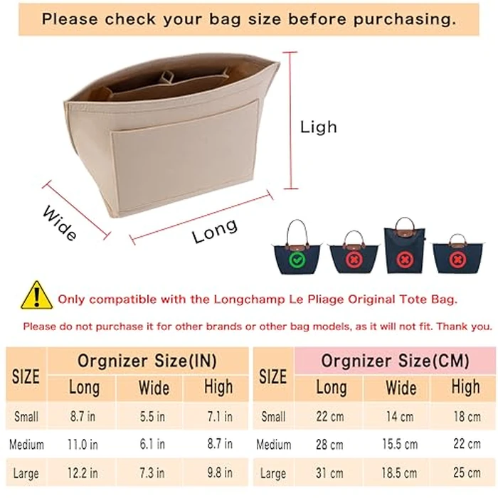 ATSEKTZ Purse Organizer Insert for Longchamp Le Pliage Tote Bag, Lightweight Felt Handbag Organizer with Cup Holder and Zipper Pocket, Compact Storage Insert for Totes and Handbags Beige-S by ATSEKTZ - Image 3