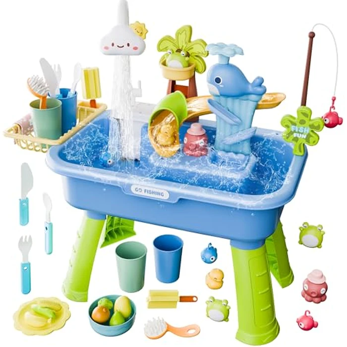 2026 Upgraded Water Table for Toddlers 3+, Water Table for Kids Ages 4-8 with Pump, Play Sink with Running Water, Kitchen Sink for Toddlers, Fishing Game and Outside Sensory Toys (Blue) by Cosminy - Used - Like New condition - US$31.82
