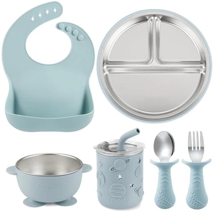 PandaEar 6-in-1 Stainless Steel Baby Feeding Set | Divided Suction Plate, Bowl, Sippy Cup with Straw, Bib, Spoon & Fork | BPA-Free Toddler Feeding Essentials for Self-Feeding (Blue) by PandaEar - Used - Very Good condition - US$18.60