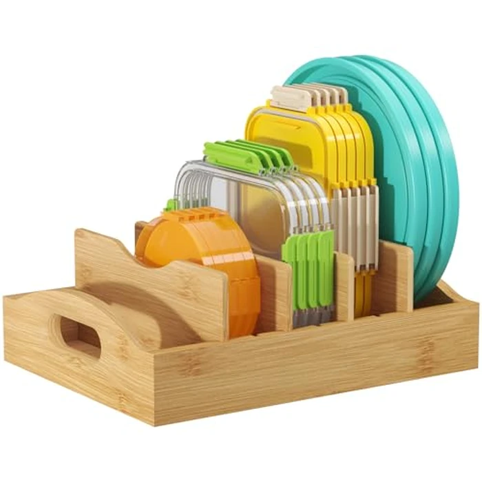 Lifewit Bamboo Lid Organizers for Inside Cabinet, Food Storage Container Lid Holder with 4 adjustable Inserts & 5 Sections, Kitchen Pantry organizer and storage, 10.6" X 8.3" by Lifewit - Used - Very Good condition - US$15.39