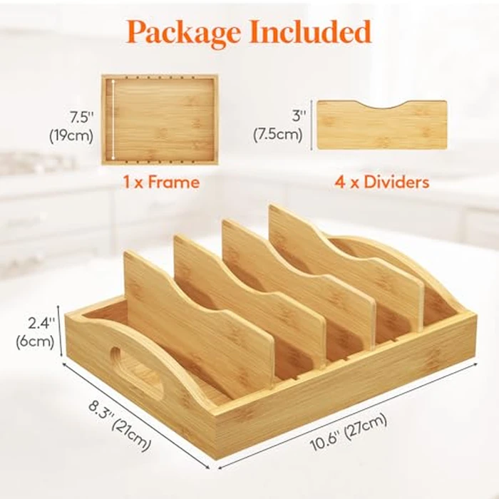 Lifewit Bamboo Lid Organizers for Inside Cabinet, Food Storage Container Lid Holder with 4 adjustable Inserts & 5 Sections, Kitchen Pantry organizer and storage, 10.6" X 8.3" by Lifewit - Image 2