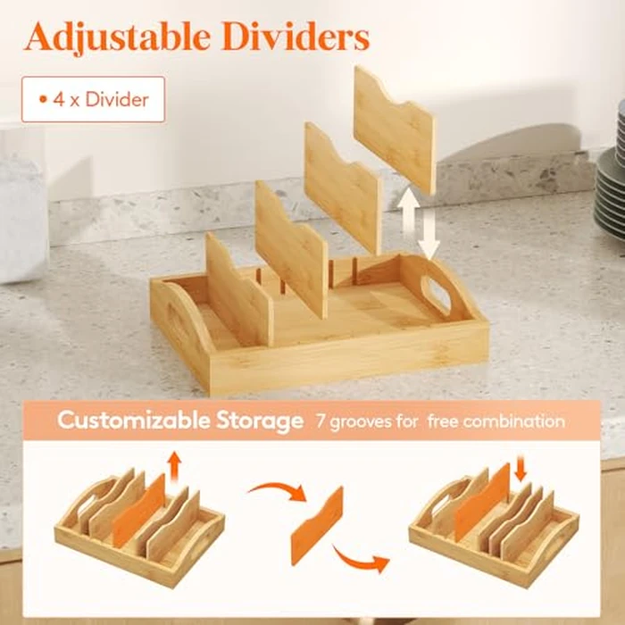 Lifewit Bamboo Lid Organizers for Inside Cabinet, Food Storage Container Lid Holder with 4 adjustable Inserts & 5 Sections, Kitchen Pantry organizer and storage, 10.6" X 8.3" by Lifewit - Image 3