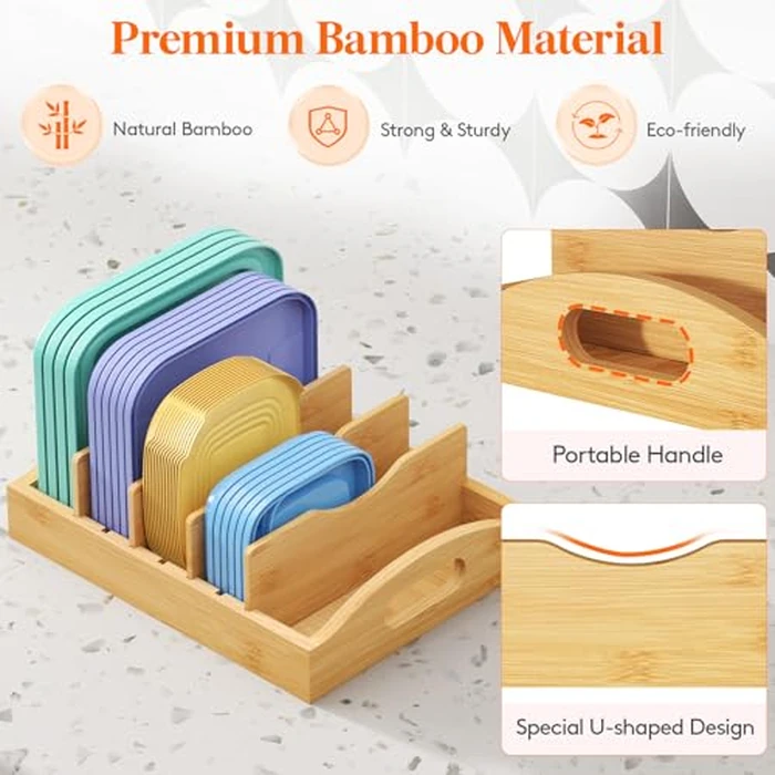 Lifewit Bamboo Lid Organizers for Inside Cabinet, Food Storage Container Lid Holder with 4 adjustable Inserts & 5 Sections, Kitchen Pantry organizer and storage, 10.6" X 8.3" by Lifewit - Image 7