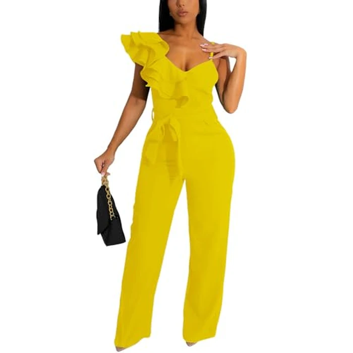 HBQ Womens Casual One Piece Jumpsuits V-Neck Sleeveless Ruffle Backless Belted Elegant Romper Wide Leg Pant Sexy Party Clubwear Overalls-Yellow-S by HBQ - Used - Like New condition - US$34.98