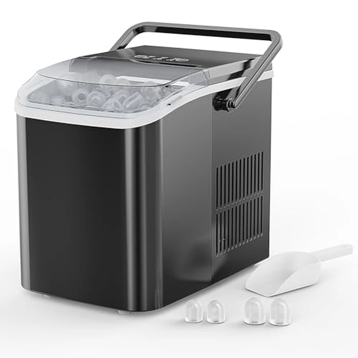 NEWBULIG Ice Makers Countertop with Handle, Portable Ice Machine, 9 Bullet Ice Cubes in 6 Mins, 26lbs in 24Hrs, Auto-Cleaning, with Basket and Scoop, for Home, Kitchen, RV, Camping,Black by NEWBULIG - Used - Like New condition