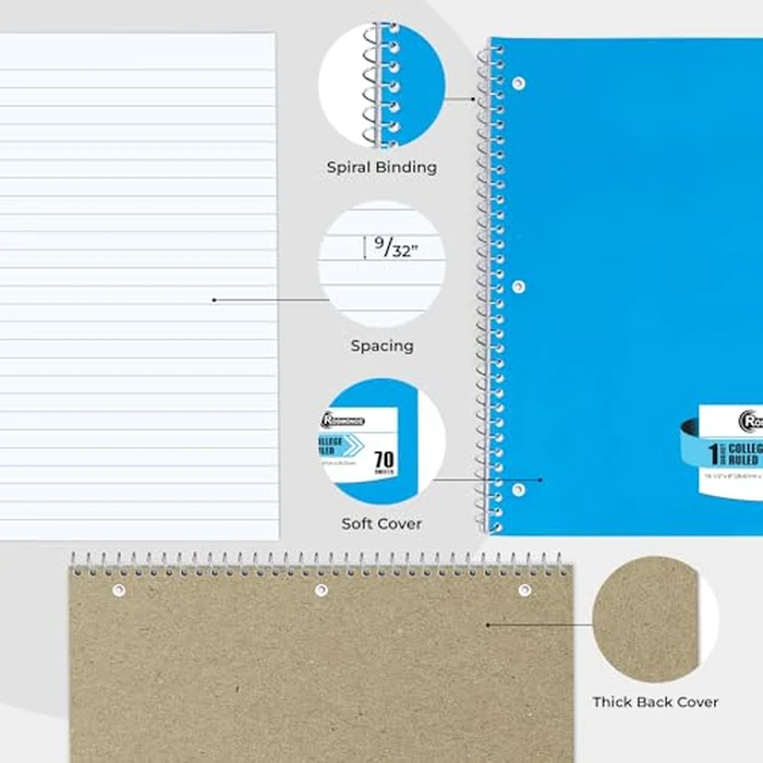 Rosmonde Spiral Notebook, 12 Pack, 1 Subject, College Ruled, 70 Sheets, 8 x 10-1/2", 3 Hole Punched, Bulk College Ruled Notebooks for School, Single Subject Spiral Notebook Bulk, Assorted Colors by Rosmonde - Image 5