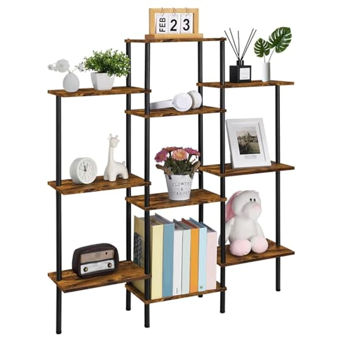 SHINOSKE 4-Tier Bookshelf,Small Triple Wide Bookcase for Books,CDs,Movies,Display Shelf with 10 Open Shelves for Living Room,Home Office,Balcony,Rustic Brown by Shinoske - Used - Like New condition - CA$34.19