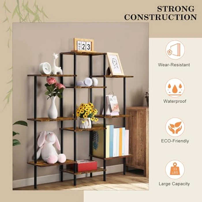 SHINOSKE 4-Tier Bookshelf,Small Triple Wide Bookcase for Books,CDs,Movies,Display Shelf with 10 Open Shelves for Living Room,Home Office,Balcony,Rustic Brown by Shinoske - Image 2