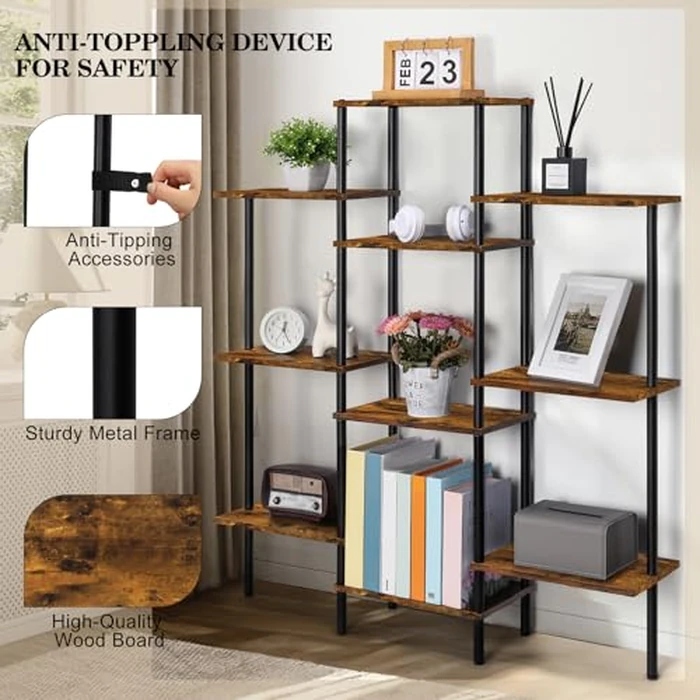 SHINOSKE 4-Tier Bookshelf,Small Triple Wide Bookcase for Books,CDs,Movies,Display Shelf with 10 Open Shelves for Living Room,Home Office,Balcony,Rustic Brown by Shinoske - Image 4