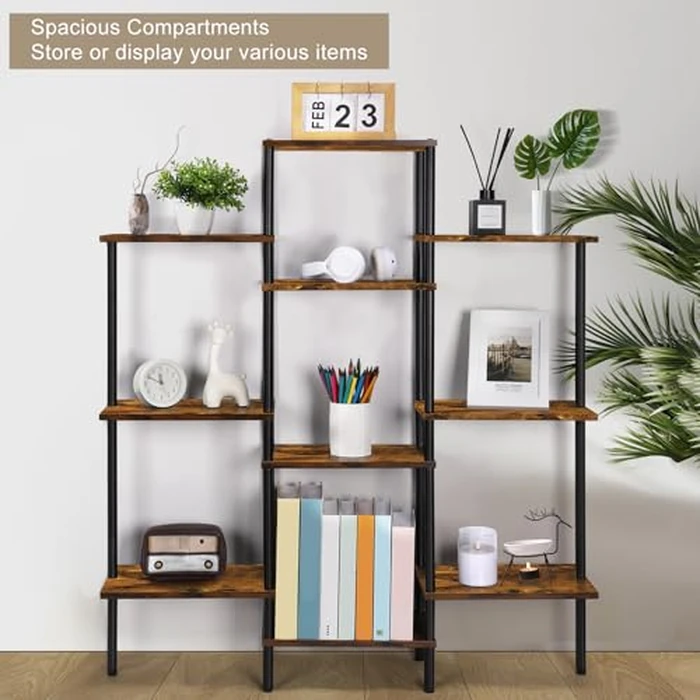 SHINOSKE 4-Tier Bookshelf,Small Triple Wide Bookcase for Books,CDs,Movies,Display Shelf with 10 Open Shelves for Living Room,Home Office,Balcony,Rustic Brown by Shinoske - Image 7