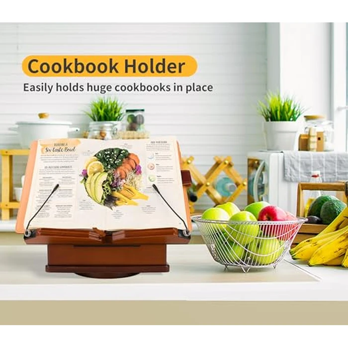 Large Wooden Book Stand with Carousel Base -Adjustable Book Holder with Storage Box and Magnetic Stand - 360 degrees Rotate Wooden Book Organizer for Cookbook, Reading Book, Magazine, Laptop (Dark Cherry) by tjBally - Image 5