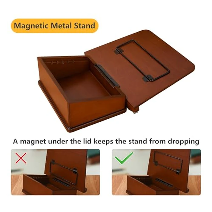 Large Wooden Book Stand with Carousel Base -Adjustable Book Holder with Storage Box and Magnetic Stand - 360 degrees Rotate Wooden Book Organizer for Cookbook, Reading Book, Magazine, Laptop (Dark Cherry) by tjBally - Image 7