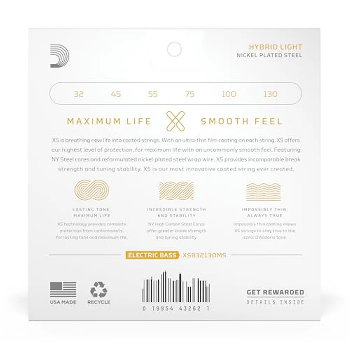 D'Addario Bass Guitar Strings, XS Coated Electric, XSB32130MS, Hybrid Light 32-130, Multiscale, 6-String Set, Pack of 1 by D'Addario - Image 2