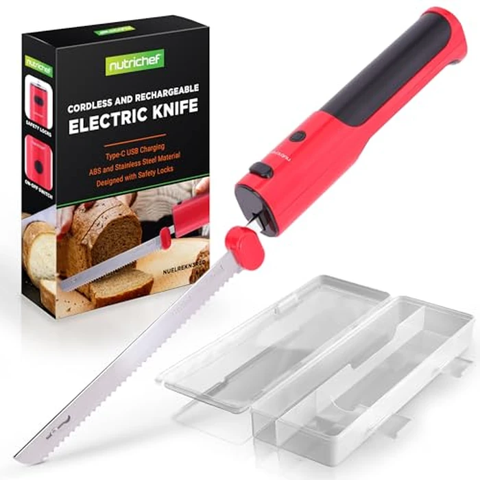 NutriChef Cordless Electric Knife | Easy to Use Constant ON/OFF Safety Function | Lightweight Kitchen Knife | Carve Turkey, Meats, Poultry, Bread & Cheese | 11.42’’ Stainless Steel Blades | Red by Nutrichef - Used - Very Good condition - CA$35.22