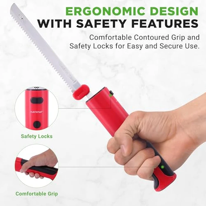 NutriChef Cordless Electric Knife | Easy to Use Constant ON/OFF Safety Function | Lightweight Kitchen Knife | Carve Turkey, Meats, Poultry, Bread & Cheese | 11.42’’ Stainless Steel Blades | Red by Nutrichef - Image 4