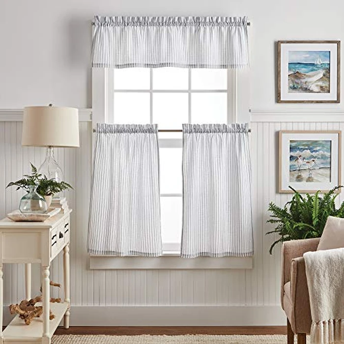 Martha Stewart Ticking Stripe 3-Piece Window Curtain Valance and Tiers Set, White Indigo by Martha Stewart - Image 1