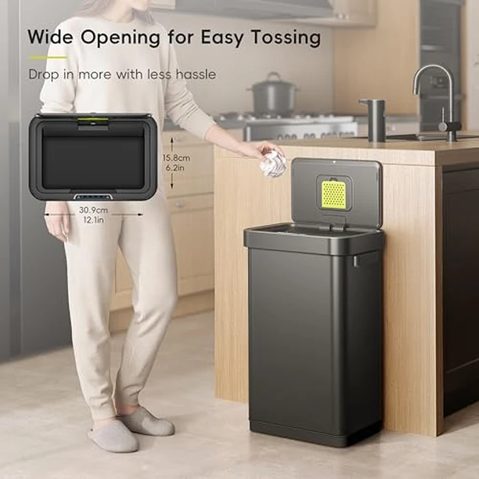 EKO Deluxe Mirage-T 50 Liter / 13.2 Gallon Touchless Rectangular Motion Sensor Trash Can, Matte Black Stainless Steel Finish by EKO - Image 2