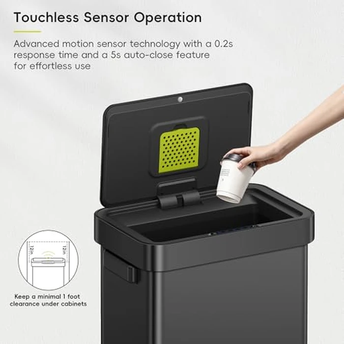 EKO Deluxe Mirage-T 50 Liter / 13.2 Gallon Touchless Rectangular Motion Sensor Trash Can, Matte Black Stainless Steel Finish by EKO - Image 3