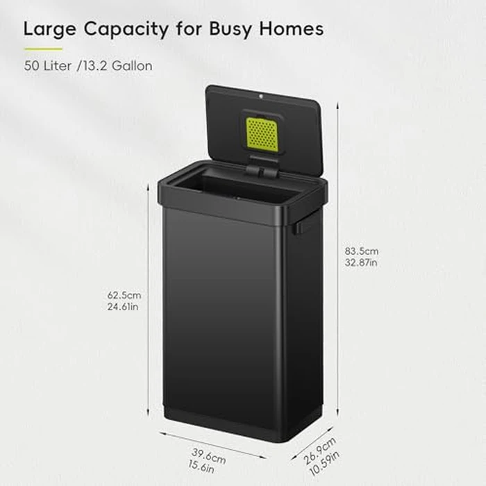 EKO Deluxe Mirage-T 50 Liter / 13.2 Gallon Touchless Rectangular Motion Sensor Trash Can, Matte Black Stainless Steel Finish by EKO - Image 6